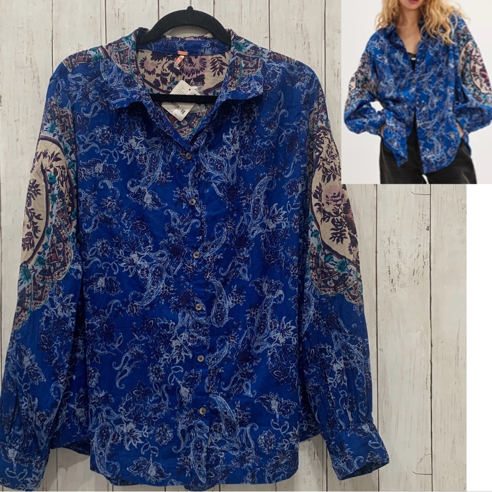 Free People Small Rose Bud Paisley Print Point Collar Neck Long Sleeve Blouse
